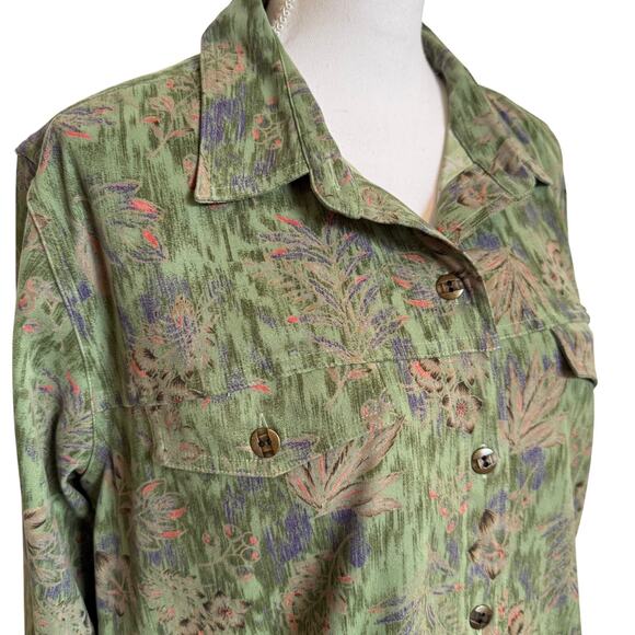 Christopher & Banks Jacket Green Floral Large Stretch Trucker Layering Classic - Picture 3 of 10